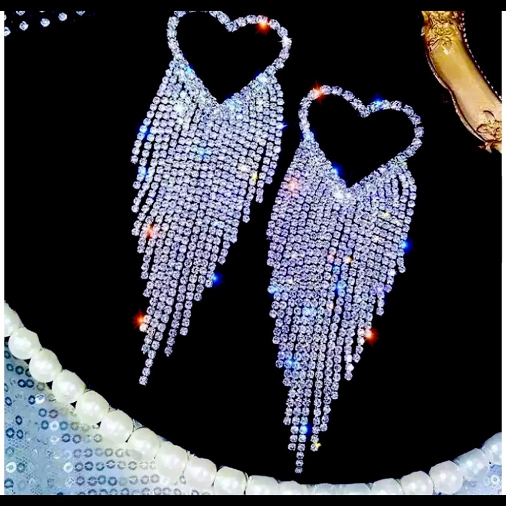 Oversized heart silver rhinestone earrings